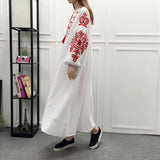 Loose Embroidery  Ethnic Vintage Lantern Sleeve Floral Embroidered A Line Cotton Bohemia Dress