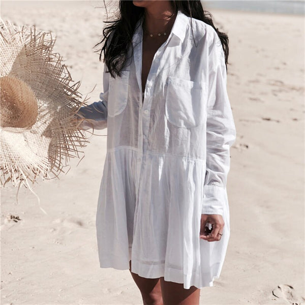 Long Sleeve Cotton Casual Beach Cover Up Mini Dress