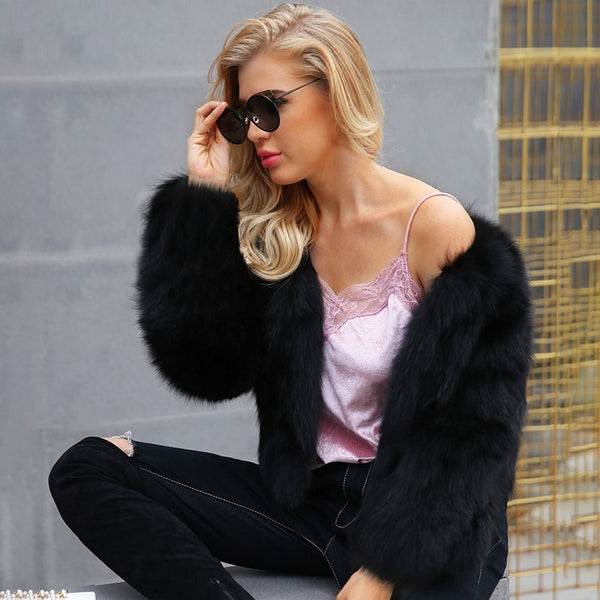 Women Short Faux Fur Coats Long Sleeve O-Neck Solid Black Casual Coat