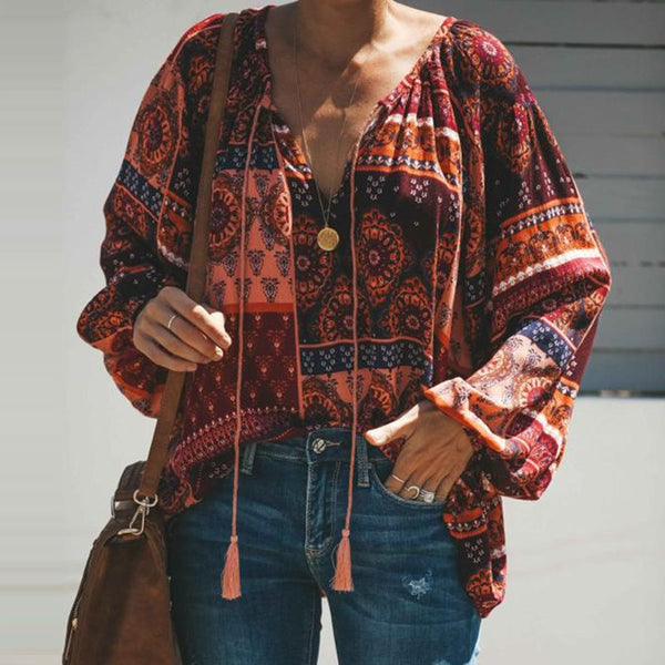 Women Chiffon Boho Loose Geometric Print Blouse