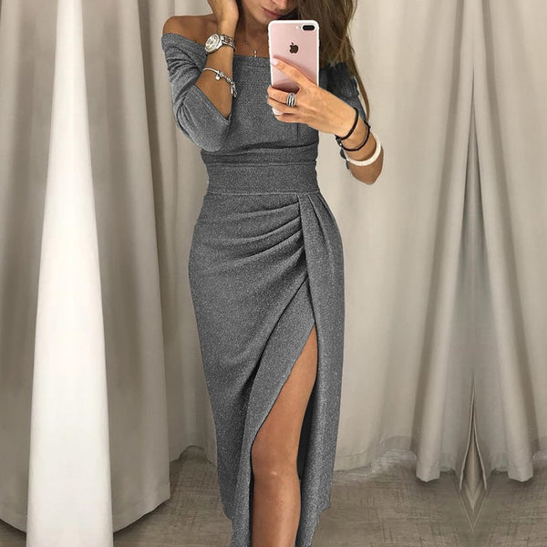 Women Shiny Off Shoulder Ruched Thigh Slit Sexy Evening Dress