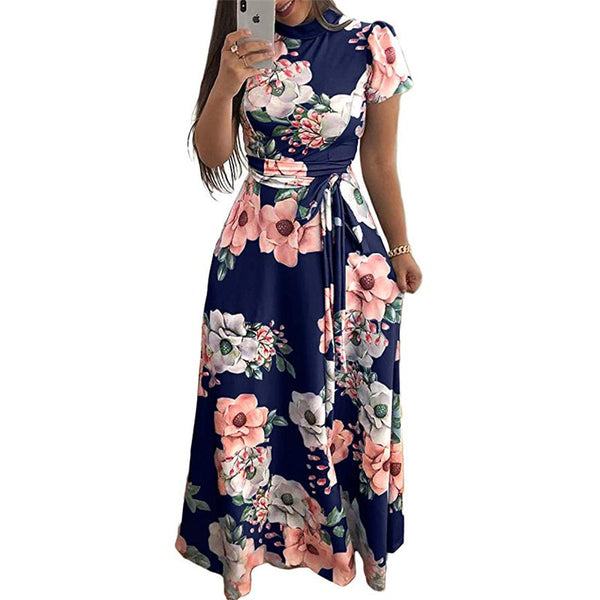 Women Casual Short Sleeve Floral Print Turtleneck Bandage Maxi Dress