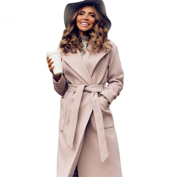 Long Women's coat lapel 2 pockets belted Jackets solid color coats Female Outerwear