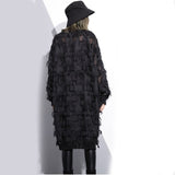 Spring Summer Stand Collar Long Sleeve Perspective Black Loose Tassels Maxi Dress