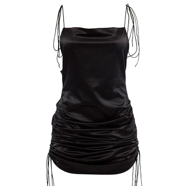 Women Solid Spaghetti Straps Backless Sleeveless Adjustable Mini Dress