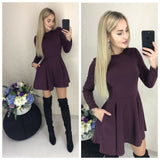 Women O-neck Fit and Flare Pockets Long Sleeve Mini dress