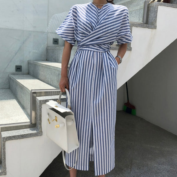 Women Cotton Blue Striped Bandage Split Long Maxi Dress