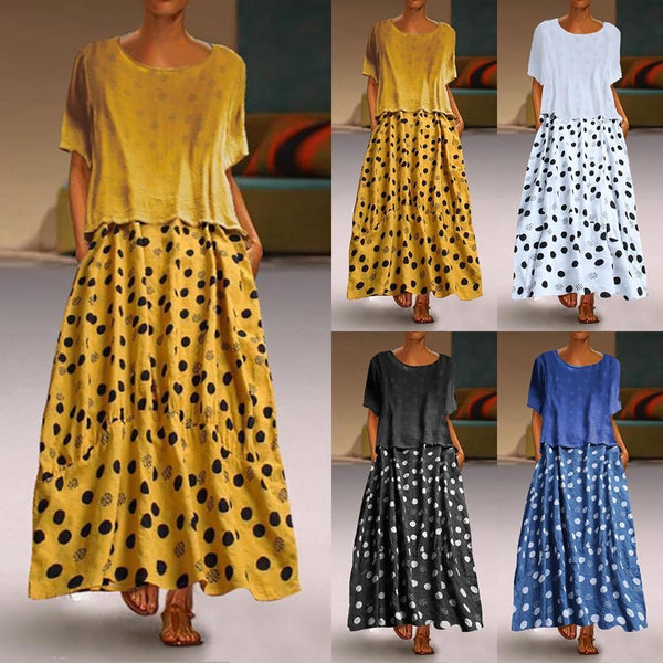 Women Short Sleeve Dot Print Loose Maxi Dress