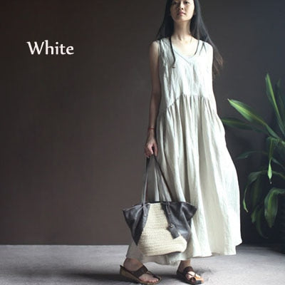Summer Solid Color Tank Dress Cotton Linen V-Neck Loose Sleeveless Maxi Dress