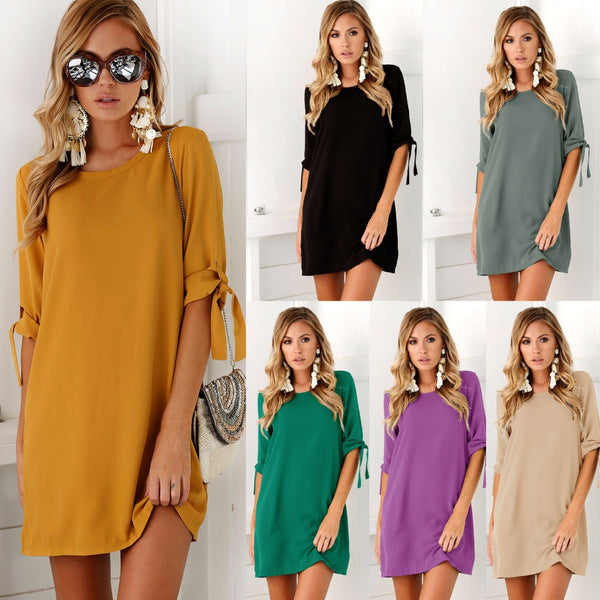  Solid Color Women Casual Short Sleeve O-neck Mini Dress
