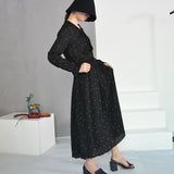 New Stylish Round Neck Long Sleeve Solid Black Chiffon Dot Maxi Dress