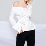 Sexy White Asymmetry Strapless Slash Neck Long Sleeve Bow Tight Waist Slim Shirt