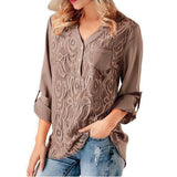 Women Solid V-Neck Lace Long Sleeve Shirts