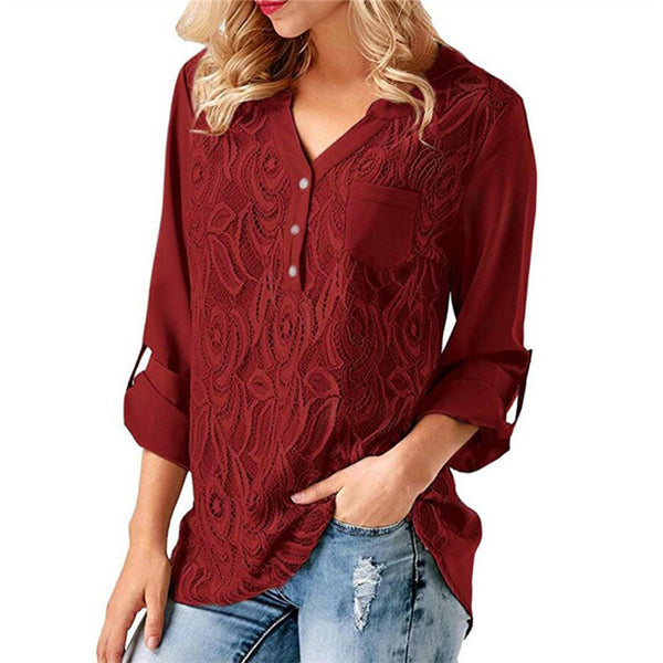 Women Solid V-Neck Lace Long Sleeve Shirts
