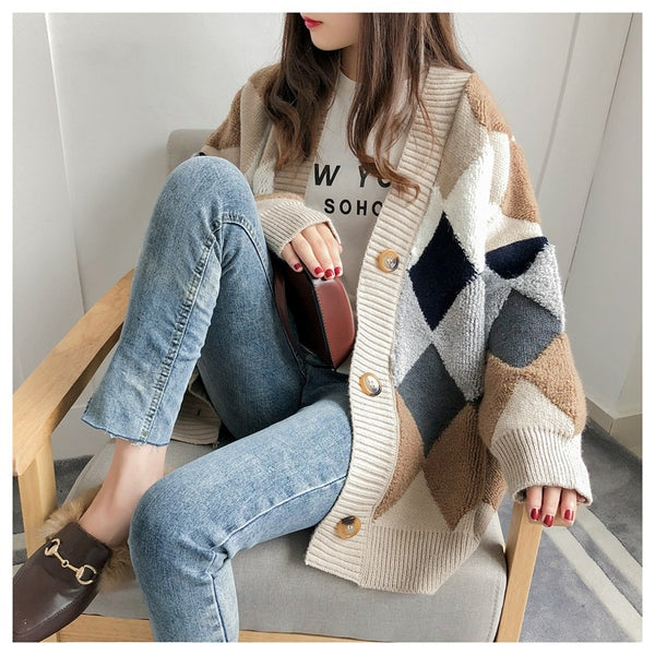 Casual Plaid V-Neck Single Breasted Puff Sleeve Cardigans Sweater