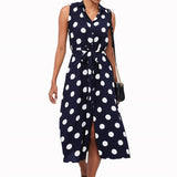 Elegant Dot Print Sleeveless Office Ladies Turn Down Collar Maxi Dress