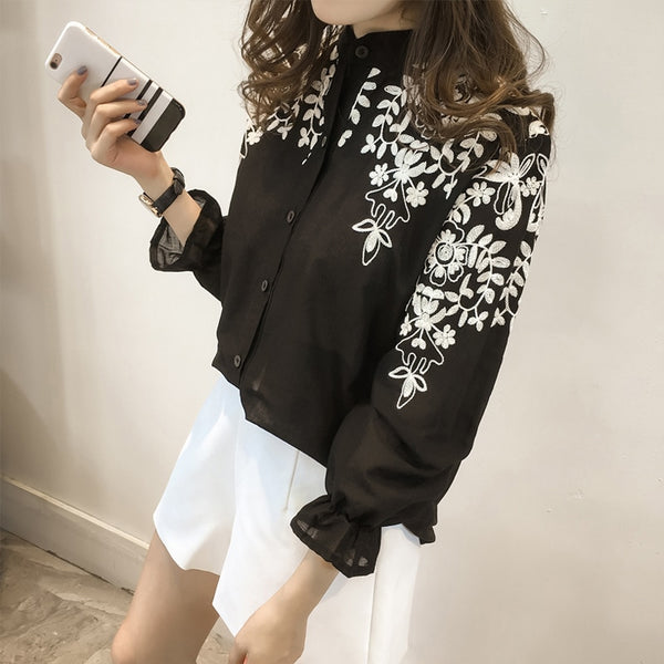 Fashion embroidery women's clothing long Sleeve Casual Women Blouse shirt office lady women tops