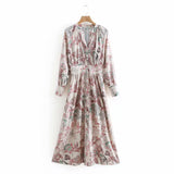 Women Summer Boho Floral Long Sleeve Vintage Print Shirt Maxi Dress