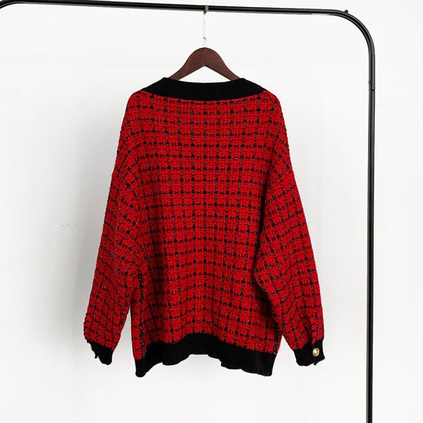 Women Oversized Knitted Loose Plaid Cardigans Sweater