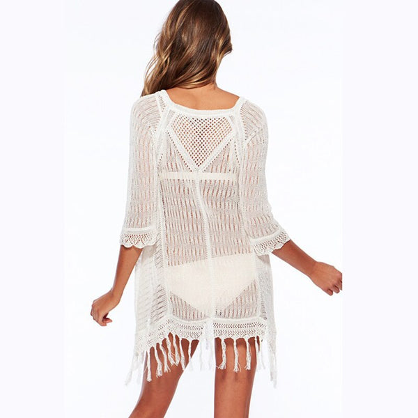 Solid Hollow Out Tassels Knitting Beach Swimwear Cover Up