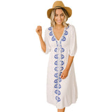 Women Bohemian White Embroidery Half Sleeve V Neck Mini Dress