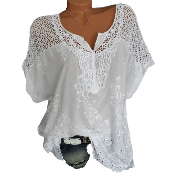 Women Fashion Summer Lace Hollow Out Blouse 