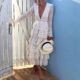 Summer Women White Lace Long Sleeve Elegant Embroidery Maxi Dress 