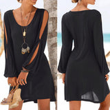 Fashion Women Casual O-Neck Hollow Out Sleeve Solid Mini dress