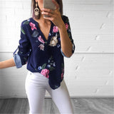 Women Long Sleeve V neck Floral Print Shirt Blouse 