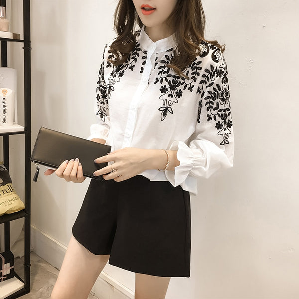 Fashion embroidery women's clothing long Sleeve Casual Women Blouse shirt office lady women tops