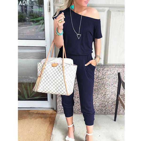 Women Casual One-Shoulder Wide Leg Jumpsuit 