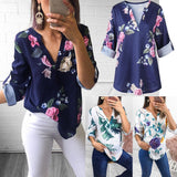 Women Long Sleeve V neck Floral Print Shirt Blouse 