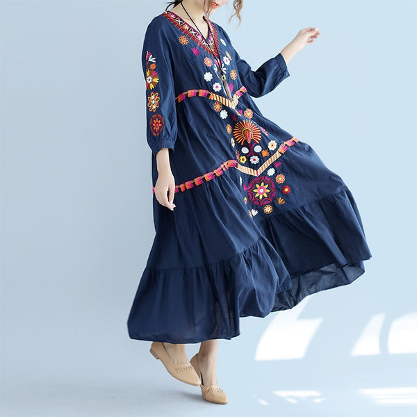 Women Embroidery Vintage three quarter Sleeve Floral Embroidered Cotton linen Casual Dress