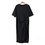 Women O Neck Half Sleeve Loose Oversize Irregular Hem Maxi Dress