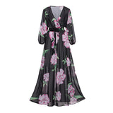 Women Swing Floral Printed Long Sleeve Sexy V-Neck Maxi Dress