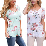 Spring Casual Fashion Women V-neck Short Sleeve Printed T-shirts 