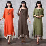 Women Linen Solid National Style Loose Plus Size Maxi Dress