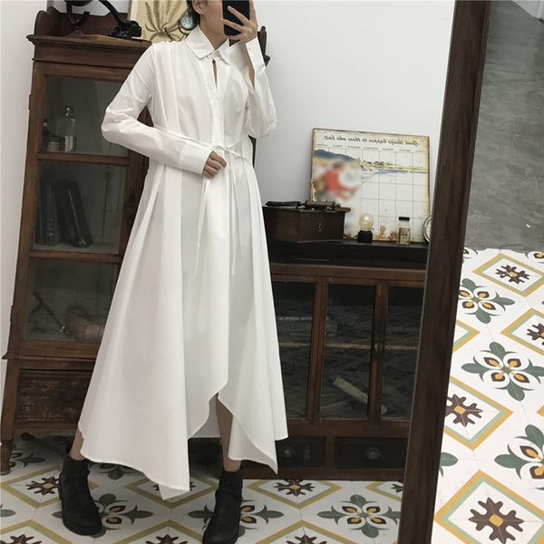 Women Solid Color Long Sleeve Turn-down Collar Long Sleeves Maxi Dress