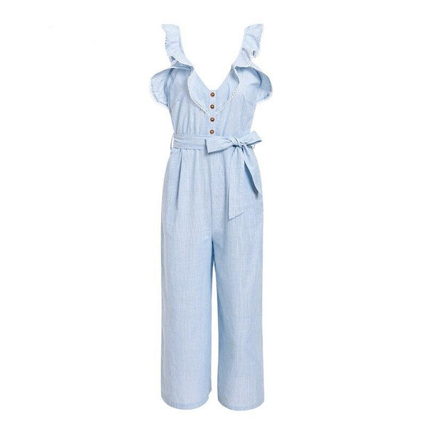 Women Ruffled Cotton Linen Sleeveless Jumpsuit