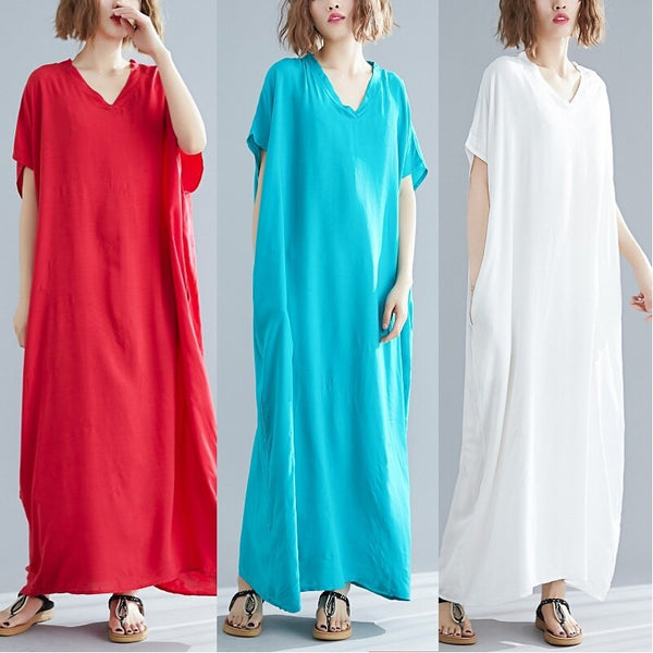 Women Summer Short Sleeves Cotton Solid Casual Dress