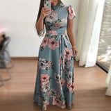 Women Casual Short Sleeve Floral Print Turtleneck Bandage Maxi Dress 