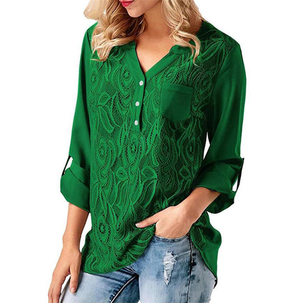 Women Solid V-Neck Lace Long Sleeve Shirts 