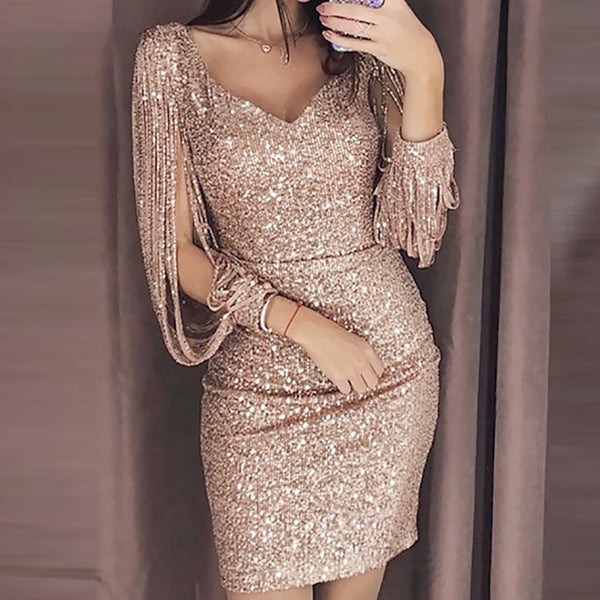 Women Sexy V Ncek Solid Sequined Glitter Stitching Shining Mini Dress