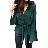 Women Solid Long Sleeve Casual Lace Up Flare Sleeve Office Blouse