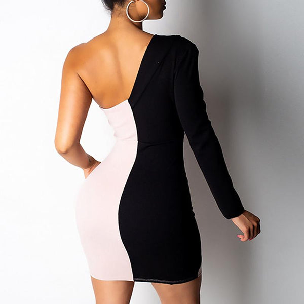 Sexy One Shoulder Two Tone Insert Bodycon Dress