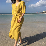 Summer Women Thin Light Cotton Linen Sashes Maxi Dress