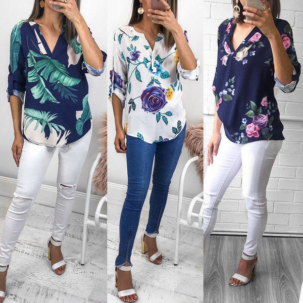 Women Long Sleeve V neck Floral Print Shirt Blouse 