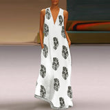 Women Summer Leaf Printed V Neck Sleeveless Maxi Dresses