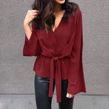 Women Solid Long Sleeve Casual Lace Up Flare Sleeve Office Blouse