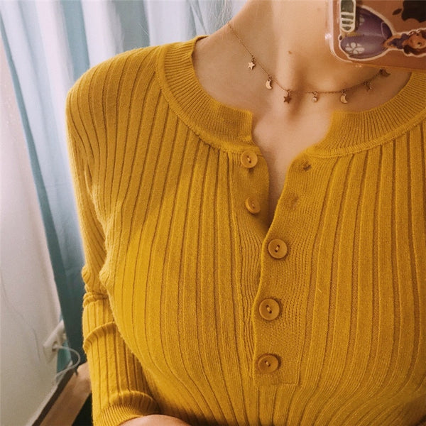 Women Sexy Elegant Buttons Casual Pullovers Sweater